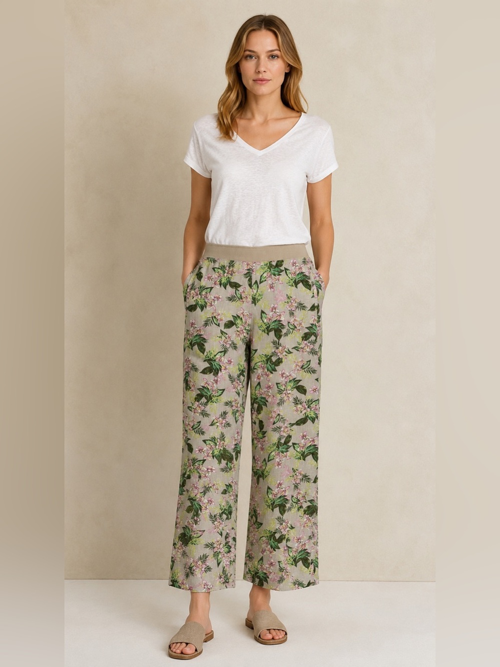 Love Linen J. Jill Large Cropped Pants Wide Leg Stretch Pull On Floral Pockets L